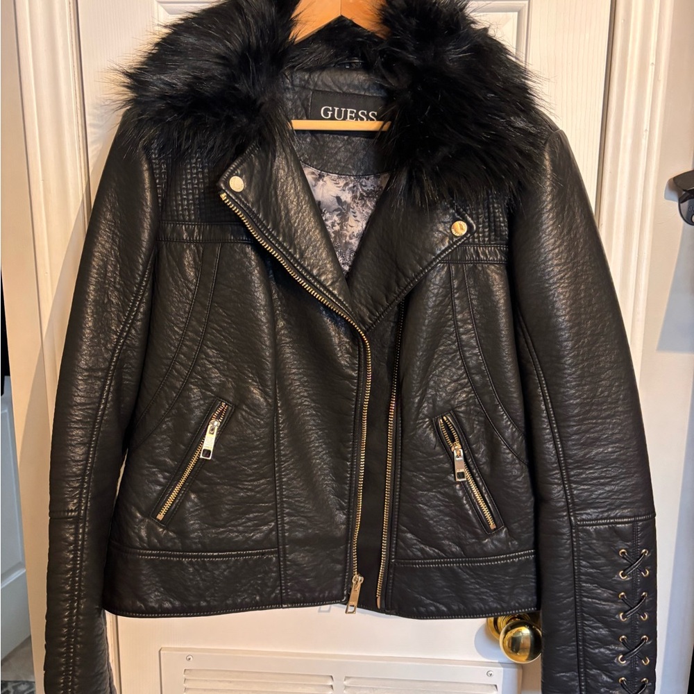 Guess Black Leather Jacket with Faux Fur Collar